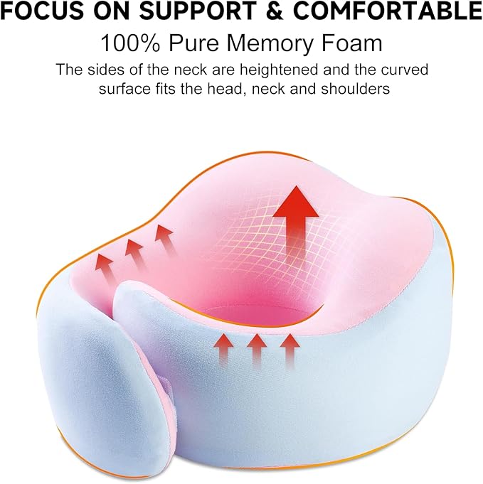 Travel Pillow, 360° Wrapped Travel Neck Pillow, 100% Pure Memory Foam Neck Pillow, Airplane Neck Pillows, Perfect Support, Soft and Breathable Pillows, Travel Accessories with Portable Bag