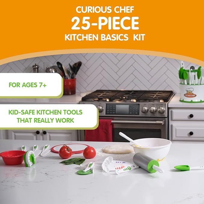 Curious Chef 25-Piece Kitchen Basics Kit for Kids, includes Real Cooking and Baking Tools, Dishwasher Safe and Made with BPA-Free Plastic