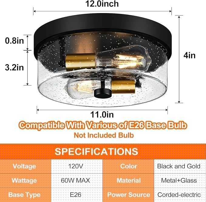 Flush Mount Ceiling Light Fixtures, 2-Light Black and Gold Ceiling Mount for Farmhouse with Seeded Glass Lampshade, Industrial Flush Mount Light Fixture for Hallway, Kitchen, Entryway and Foyer