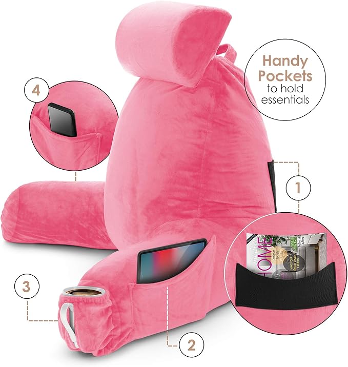 Nestl Reading Pillow Large Bed Pillow, Back Pillow for Sitting in Bed Shredded Memory Foam Chair Pillow, Reading & Bed Rest Pillows Light Pink Back Pillow for Bed, Bed Chair Arm Pillow with Pockets
