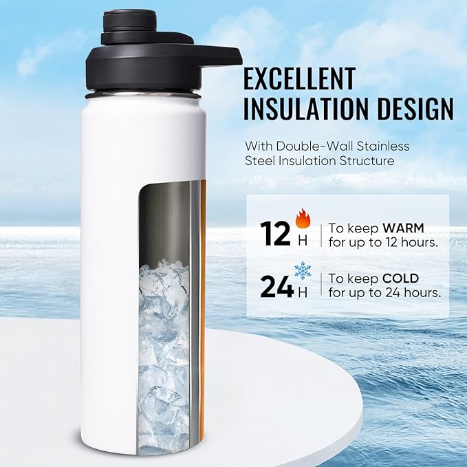 24oz Insulated Water Bottle with Handle, Stainless Steel Water Bottles with Wide Mouth, Double Wall Vacuum Sports Water Bottle, BPA Free, Keep Cold and Hot, White