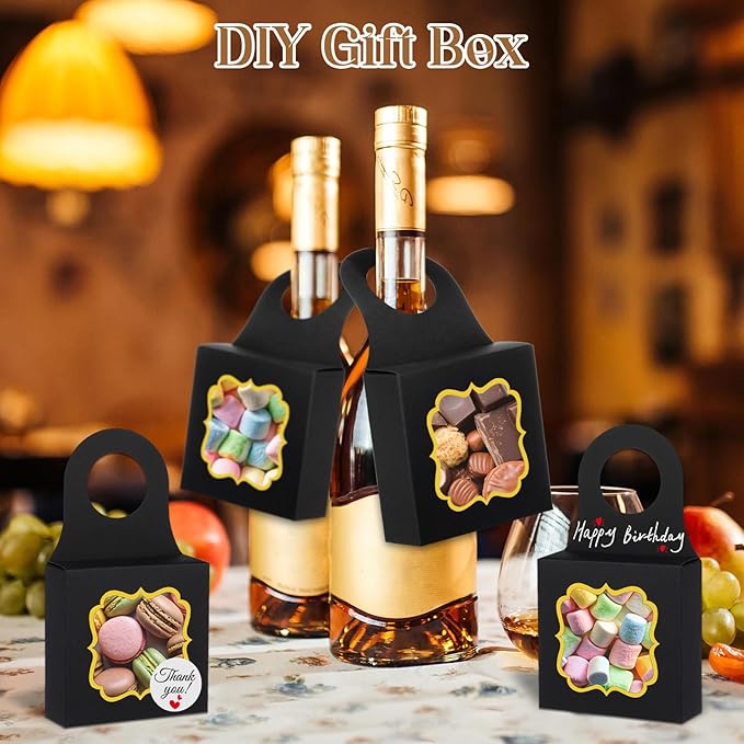 40PCS Wine Bottle Box with Window, Megitzuu Kraft Paper Wine Boxes for Gifts Hanging Wine Treat Box Mini Charcuterie Boxes Empty Champagne Bottles Gold Foil Gift Box Hanger Candy Box for Party (Black)