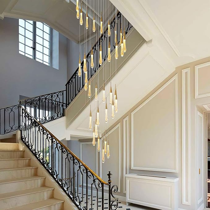 LMQNINE 36 Light Modern Crystal Chandelier Dimmable LED High Ceiling Chandelier Crystal Bubble Gold Pendant Lights Living Room Lobby 180W Staircase Chandeliers