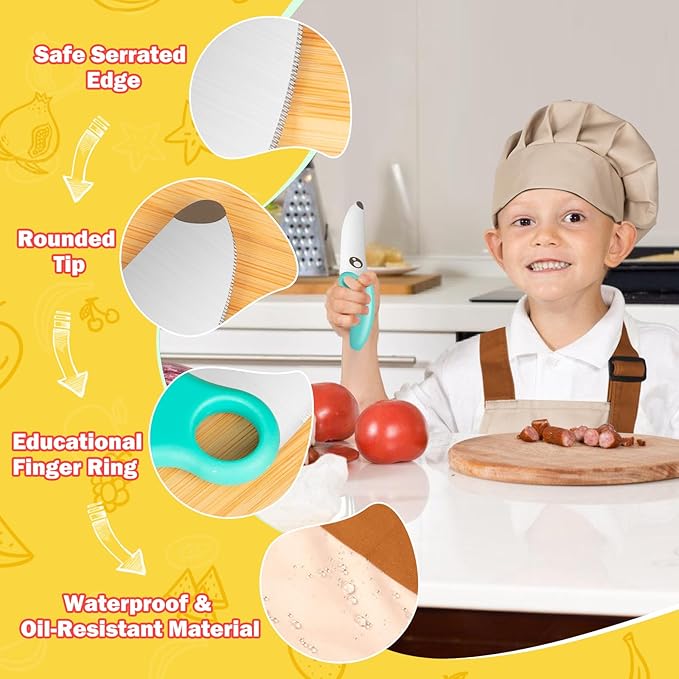 Kids Knife Set for Real Cooking with Educational Ring & Adjustable Apron & Chef Hat- Children Training Knife with Educational Ring-Blue