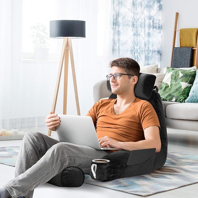 Nestl Reading Pillow Large Bed Pillow, Back Pillow for Sitting in Bed Shredded Memory Foam Chair Pillow, Reading & Bed Rest Pillows Black Back Pillow for Bed, Bed Chair Arm Pillow with Pockets