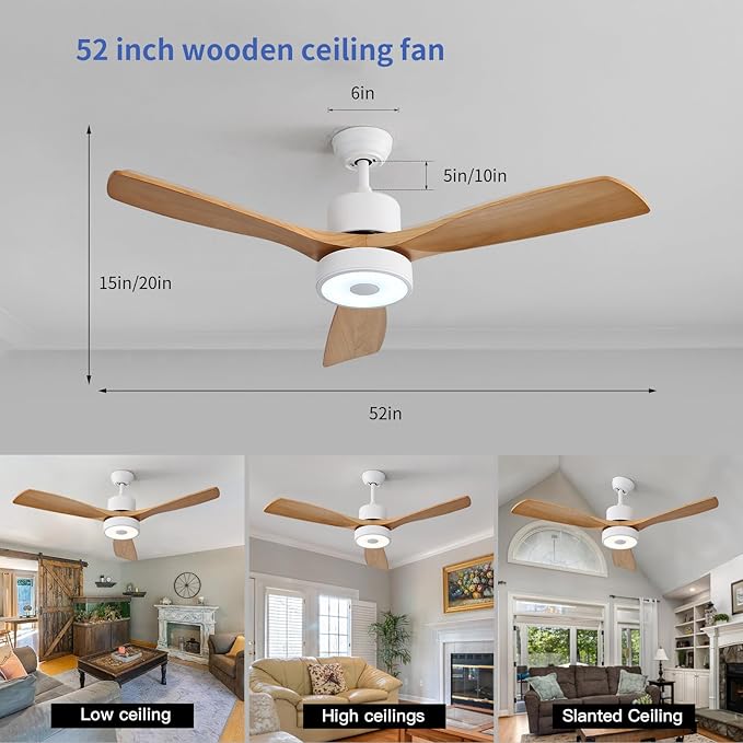 52 Inch Wood Ceiling Fan with RGB Dimming LED Light,with Music Bluetooth Speaker,Remote Control,3-Speed Regulation, Reversible Motor,Timing,for Living Room,Bedroom,Restaurant,Outdoor