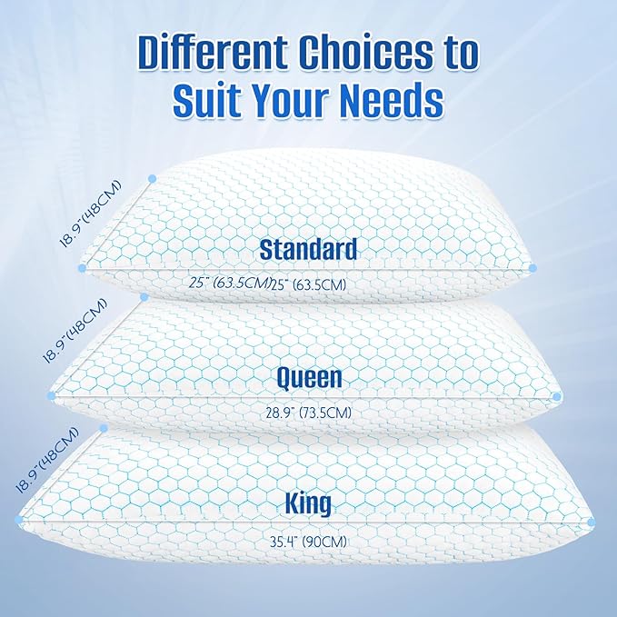 Shredded Memory Foam Pillow for Sleeping, Cooling Bed Pillows Set of 2, Adjustable Pillows for Side, Back, Stomach Sleepers with Washable Pillowcase (Standard Size, Blue)