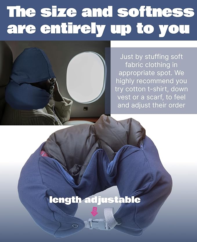 Stuffable Travel Neck Pillow, 2-Way Hoodie, Carry-on Luggage Holder, Cotton Light Blocking, for Airplane, Office, Vehicle Transportation (Navy)