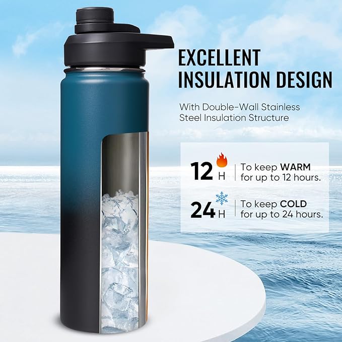 24oz Insulated Water Bottle with Handle, Stainless Steel Water Bottles with Wide Mouth, Double Wall Vacuum Sports Water Bottle, BPA Free, Keep Cold and Hot, Blue&Black