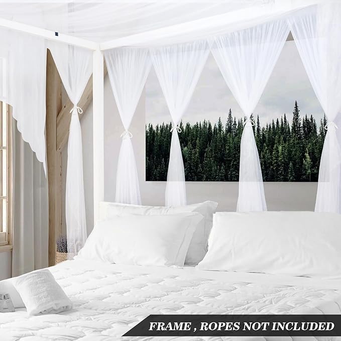 South to East White Canopy Bed Curtains, 4 Corner Post Bed Canopy, Top Elegant Bed Drapes for Bedroom Decor, 75D Polyester Mesh, Easy Install, Bed Curtain for King/Queen/Full Size