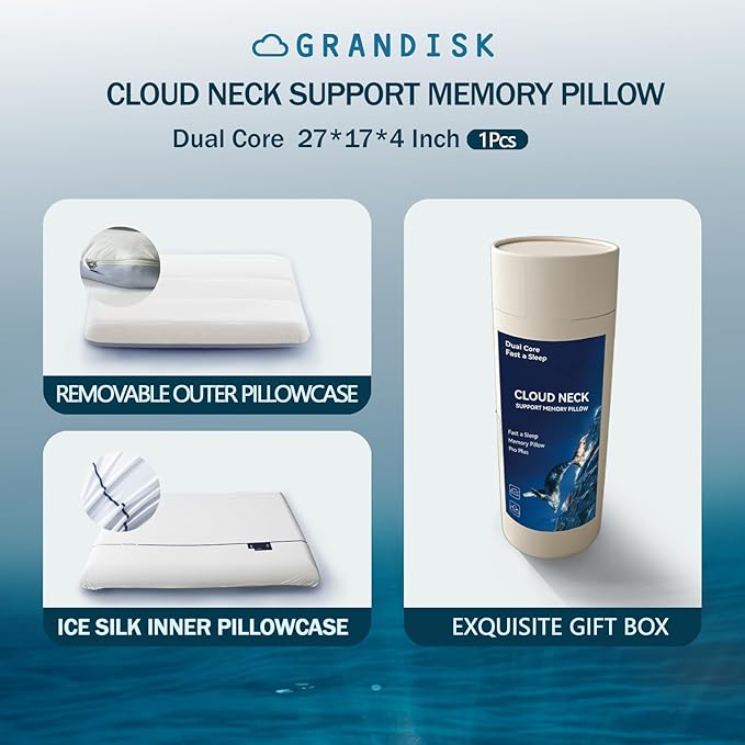 Grandisk Memory Foam Pillows for Neck Pain Relief Dual Core Side Back Stomach Cervical Pillow with Ergonomic