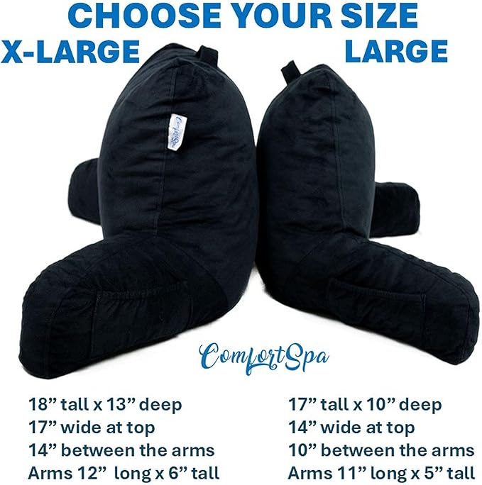 ComfortSpa Reading Pillow for Bed Adult Size, Back Rest Pillow with Arms, Pockets, Washable Cover; Use as Back Pillow for Bed Sitting Up for Bedrest or Relief from GERD Heartburn (Large Black)