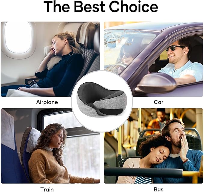 NOCRLG Travel Pillow, Travel Neck Pillow for Airplanes Car, 100% Pure Memory Foam Travel Pillow, Sleeping Essentials for Long Flight 360° Head Support Degree Comfort and Breathability Grey