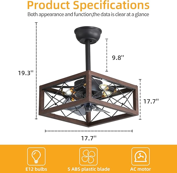 NicBex Ceiling Fan 18 Inch Ceiling Fans with Lights Caged Ceiling Fan with Blades and Remote Control Down Rod Mount Ceiling Fans for Bedroom, Living Room, Matte Brown