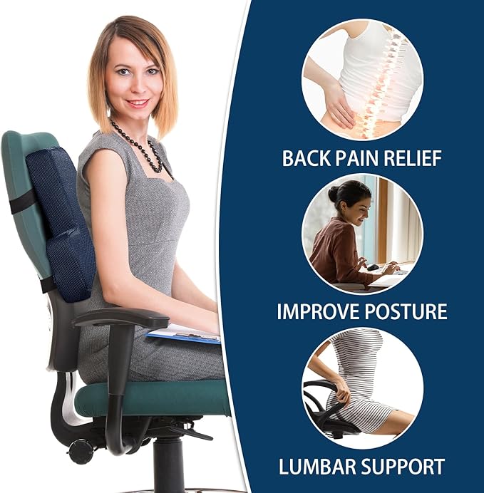HOMBYS Lumbar Support Pillow for Office Chair-Seat Cushion for Back Support, Improved Sitting Posture and Upper/Lower Back Pain Relief for Desk Chairs, Car Seats and Airplanes (Navy Blue, 17"x13"x3")