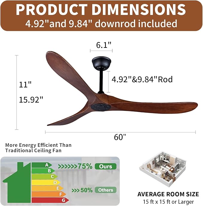 Bigzone 60" Outdoor Ceiling Fan Without Light, Energy Efficient DC Motor, 3 Solid Wood Blades, Wood Ceiling Fan with Remote Control, Reversible Blades