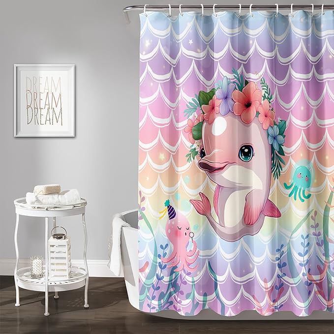 AILONEN Cute Dolphin Shower Curtain,Beautiful Sea World Theme Bath Curtain Cloth Fabric Bathroom 48" W*72" H Inch,12 Pack Hooks for Kids Child Cute Pink Dolphin Sea Animal Bathroom Curtain