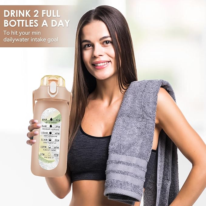 32 oz Glass Water Bottle with Time Marker - 1000ml Large Sports Motivational Water Bottles with Handle & Silicone Case, 1 Liter Leak-proof Measured Drinking Bottle for Gym Fitness Workout (Coffee)