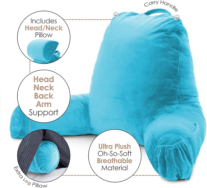 Nestl Reading Pillow Large Bed Pillow, Back Pillow for Sitting in Bed Shredded Memory Foam Chair Pillow, Reading & Bed Rest Pillows Bright Blue Back Pillow for Bed, Bed Chair Arm Pillow with Pockets