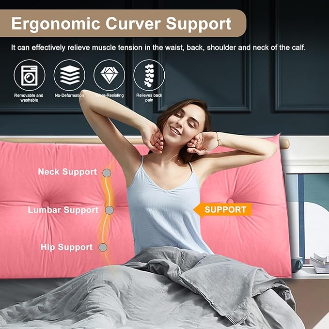 Large Triangular Headboard Pillows Long Backrest Positioning Support Bolster Cushion for Daybed Fluffy Quality Plush Body Wedge Pillow with Removable Cover(Pink -King-76x8x20in)