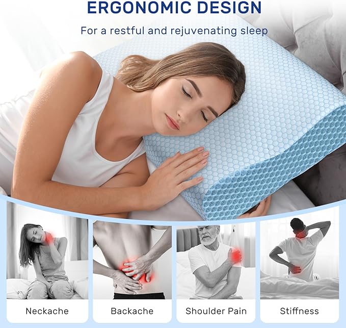 Memory Foam Pillows Neck Pillow Bed Pillow for Sleeping Ergonomic Cervical Pillow Orthopedic Contour Pillow for Stomach Sleeper-Blue White