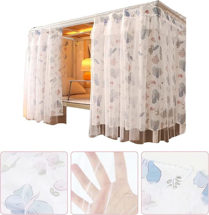 Beautiful Gauze Bunk Bed Curtains Drapes with Lace Privacy Bed Canopy for Bottom Twin Girls, 2 Panels, Flower Rabbit, White