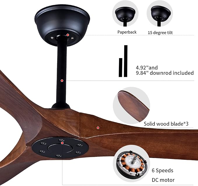 Bigzone 88" Big Ceiling Fan With Remote Control, DC Motor Quiet Energy Saving,3 Brown Balsa Wood Blades,Outdoor/Indoor Ceiling Fan With Reversible Blades