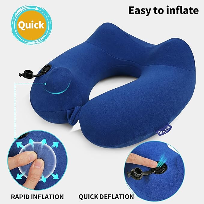 Inflatable Travel Neck Pillow for Airplane, 360° Head Support Velvet Adult Neck Pillow for Long Flight, Removable Washable Cover, Kit with Eye Masks, Earplugs & Storage Bag, Navy Blue