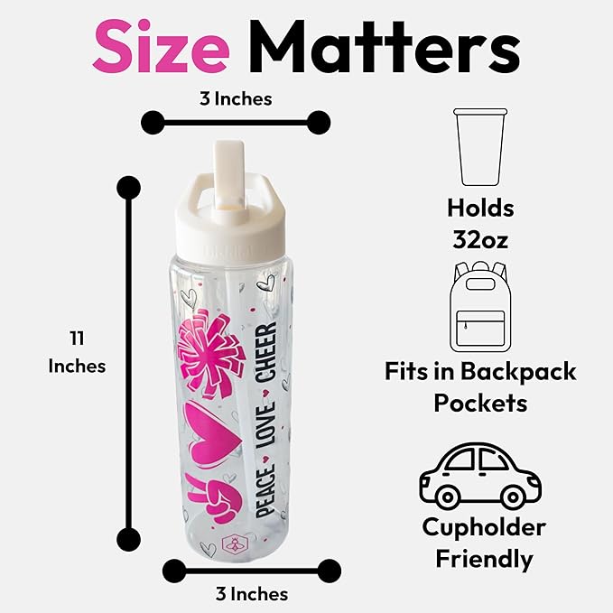 32oz Cheerleader Water Bottle with Straw Lid | BPA-Free Reusable Bottles for Cheerleaders, Cheer Team or Cheerleading Coach | Great Gifts for Girls, Coaches