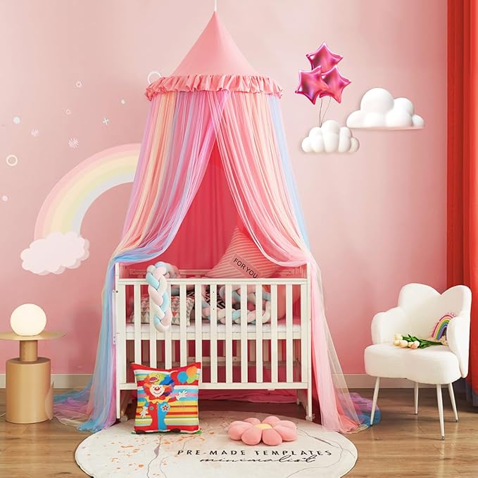 Kertnic Rainbow Bed Canopy for Girls Dreamy Mosquito Net for Bed Round Dome Princess Bed Canopy Girl Room Play Tent Kids Canopy Bed Netting Curtains (Nordic Pink Rainbow)