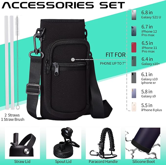 32OZ Water Bottle with Straw & Strap, BPA Free Insulated Water Bottle Keeps Cold 48H Hot 24H, Double-Wall Sport Water Bottle with Sleeve Carrier, Stainless Steel Bottle for Kids Men Woman Xmas Gift