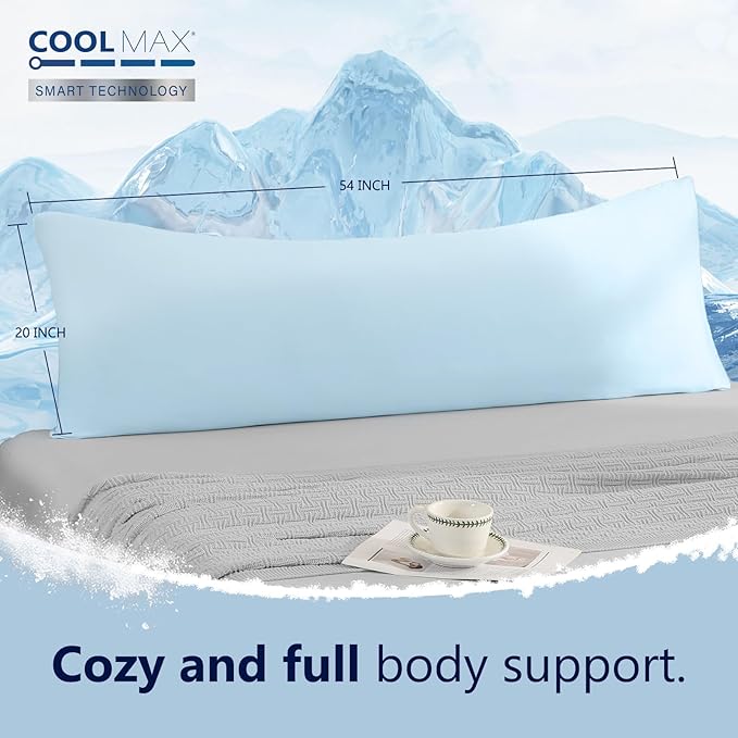 DOWNCOOL Large Body Pillow Insert with Cooling Cover - Soft Long Bed Pillow for Summer - Breathable Full Body Pillow for Adults - 20x54 inch (Blue, with Cover)
