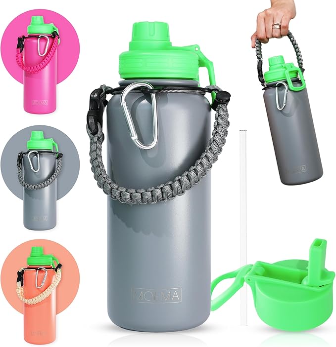 32oz Insulated Water Bottle with Paracord Handle and Straw, Stainless Steel Cup with 2 Lids & Straw, BPA-Free, Thermo Bottle Double Wall Vacuum Insulation, for Gym, Sports (Graphite)