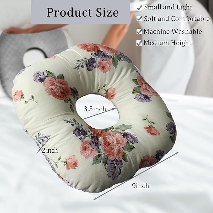 Ear Piercing Pillow for Side Sleepers, Pillow with an Ear Hole for CNH and Ear Pain Ear Inflammation Pressure Sores, O-Shaped Side Sleeping Pillow, Ear Guard Pillow(Red Flower)