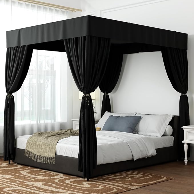 Hvqic Black Canopy Bed Curtains - 4 Corner Post Bed Curtains California King Bed Curtains Lightproof Drapes Bed Canopy for Adults & Girls Bedroom Decoration(California King,Black)