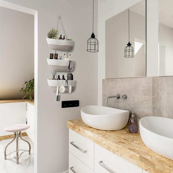 3 Tier Wall Mounted Woven Hanging Basket, Over the Door Hanging Basket with Hooks, Decorative Storage Hanging Closet Removable, Large Wall Basket for Living Room, Bedroom (White & Brown)