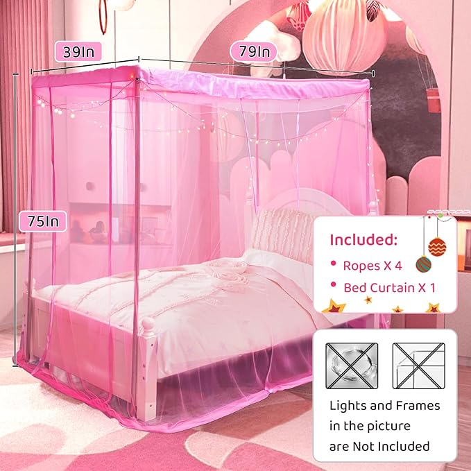 tupi Canopy Bed Curtains -Twin Bed Canopy for Girls, Pink Girls Canopy for Twin Bed, Princess Bed Drapes Polyester Netting - 4 Corner Bed Curtain Bedroom Decor, 79"L x 39'' W x 75"H, Easy to Install