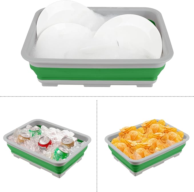 Set of 2 Multipurpose Wash Bins – 10-Liter Basins for Camping, Parties, or Cleaning – Collapsible Bucket Set by Wakeman (Green)