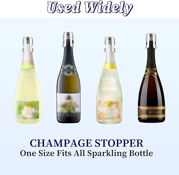 2Pcs Champagne Stoppers, Stainless Steel Wine Stopper, Food Grade Silicone Sparkling Wine Bottle Stoppers for Storing Champagne and Sparkling Wine, Leak-Proof, Sealed, Reusable (Silver)