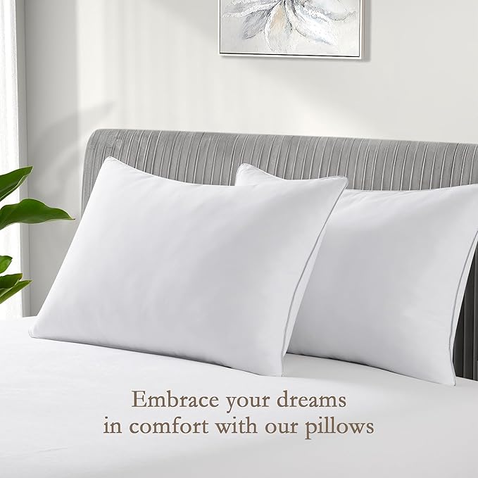 puredown® Feather Pillows with 100% Cotton Cover, Set of 2 Bed Pillows for Sleeping, Queen Size