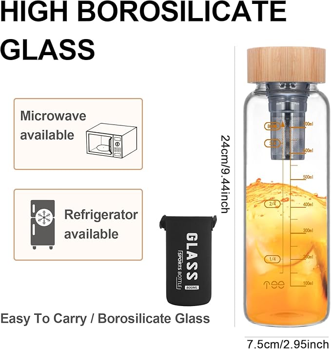 29oz Glass Water Bottle, Leak-Proof, with Stainless Steel Tea Infuser, BPA-Free, Suitable for Office, Car, Gym, and Travel, Reusable, for Hot and Cold Beverages (Circular-29oz)