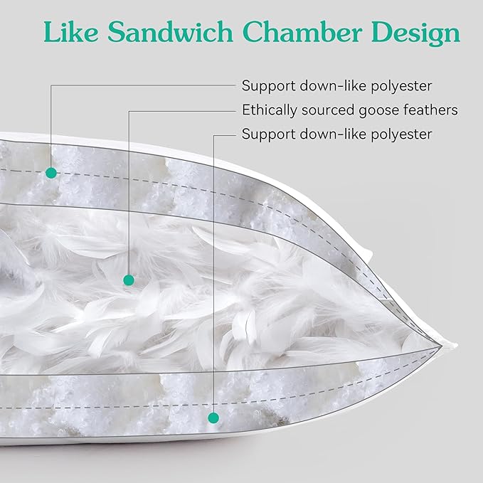 Three Geese White Goose Feather Bed Pillows Queen/Standard Size Set of 2- Soft 600 Thread Count 100% Cotton, Medium Firm,Soft Support Surround Fill Polyester,White Solid