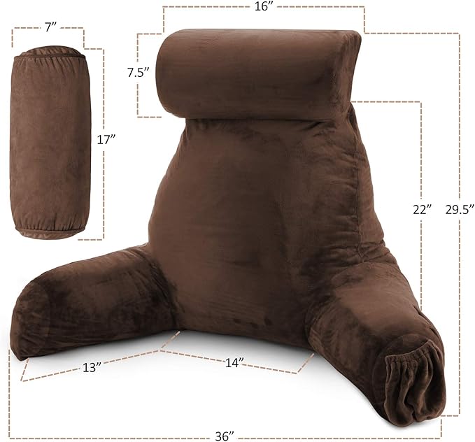 Nestl Reading Pillow Large Bed Pillow, Back Pillow for Sitting in Bed Memory Foam Chair Pillow, Reading & Bed Rest Pillows Chocolate Brown Back Pillow for Bed, Bed Chair Arm Pillow with Pockets