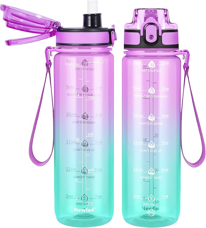 32 oz Water Bottle with Detachable Straw, Clear Motivational Water Bottles with Time to Drink, Tritan & BPA Free Sports Water Jug with Time Marker, Upgraded handle design
