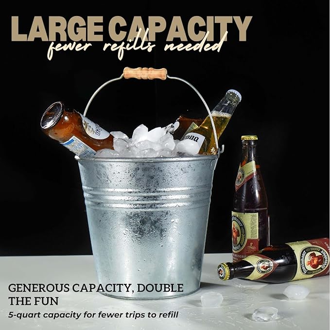 3PCS 5-Quart Galvanized Pail Ice Buckets Metal Beer Bucket Beverage Tubs for Parties (Silver)