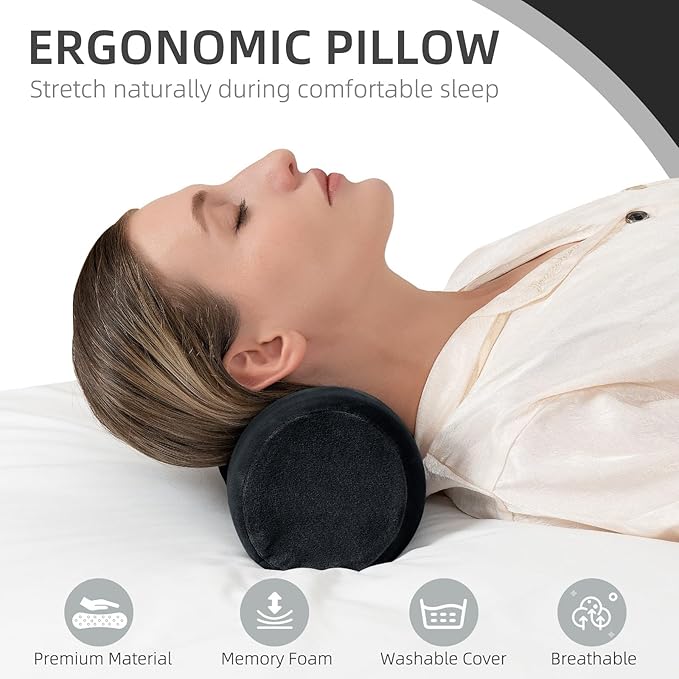 Cervical Neck Pillow Roll Memory Foam Support Round Pillows for Pain Relief Sleeping, Bed, Legs, Back and Yoga Black 17 x 4.5 Inches