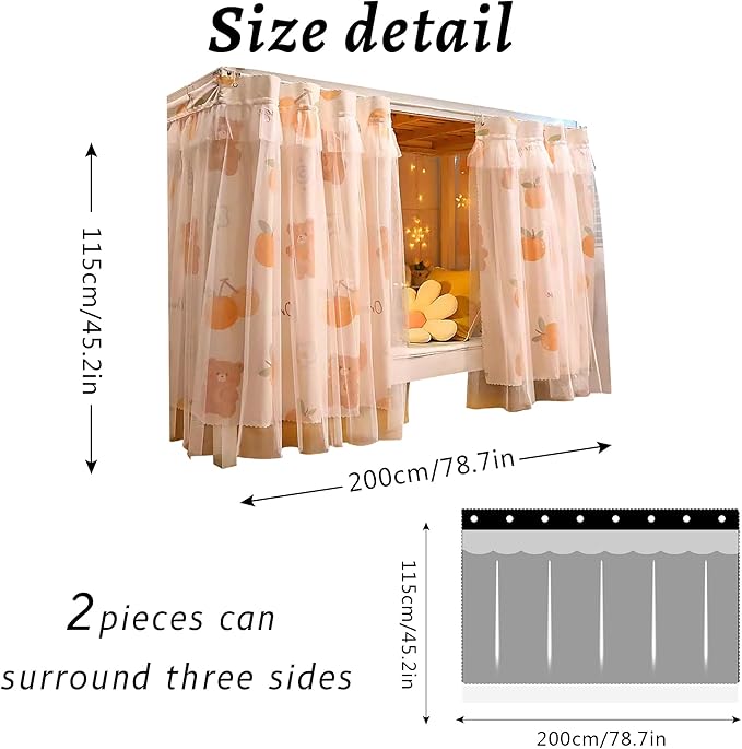 Hoce Bunk Bed Curtain Gauze Bunk Bed Curtains Drapes with Lace Privacy Dorm Bed Canopy for Bottom Twin, 2 Panels