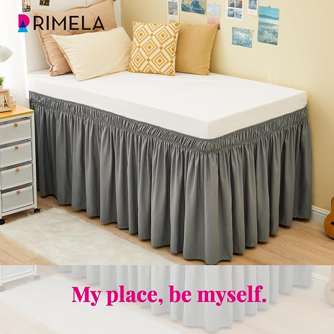 RIMELA Dorm Bed Skirt Twin XL 22 Inch Drop, Extra Long Wrap Around Elastic Bed Skirts Easy to Put On Twin Size Dust Ruffle, Grey Bedskirt for Adjustable Bed Base Solid Silky Fabric Machine Washable