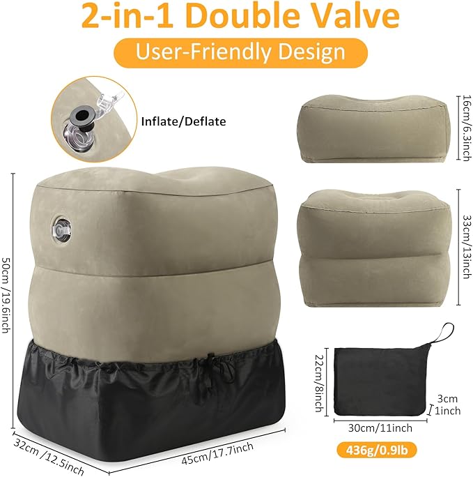 Inflatable Foot Rest Pillow for Travel - Adjustable Height Flight Foot Rest with Eye Mask and Earplugs for Kids & Adults on Airplane, Car, Train, Office, and Home (Gray, 2 PCS)