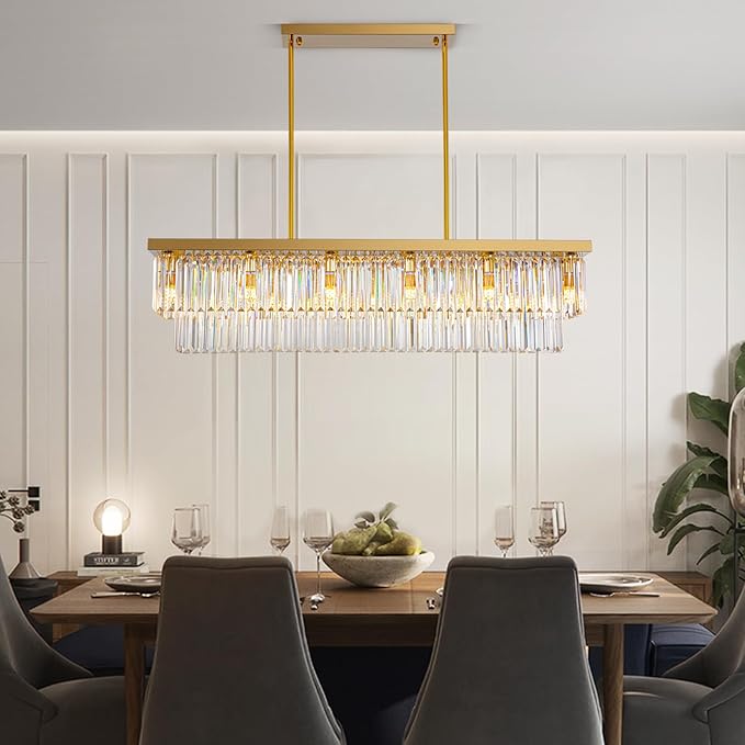 Siljoy 12-Light Modern Crystal Chandelier Gold Rectangular K9 Crystal Raindrop Chandelier, Luxury 2-Tiers Adjustable Ceiling Pendant Light Fixture for Dining Room Kitchen Island, L47'' x W10'' x H10''